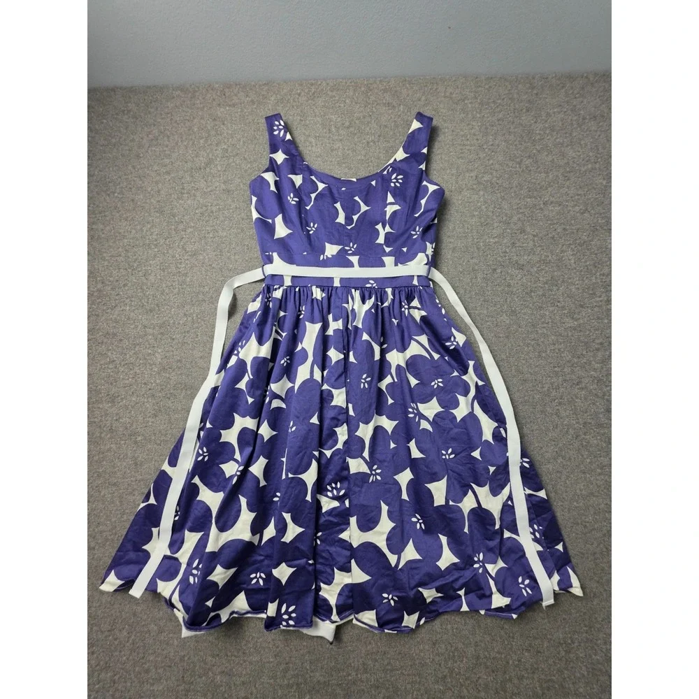 Boden Midi Fit & Flare Dress Womens 6R Blue White Purple Floral Lined Tie Waist